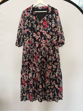Black Floral Midi Dress Women Size Small Sheer Overlay Boho Cottagecore Tie Neck